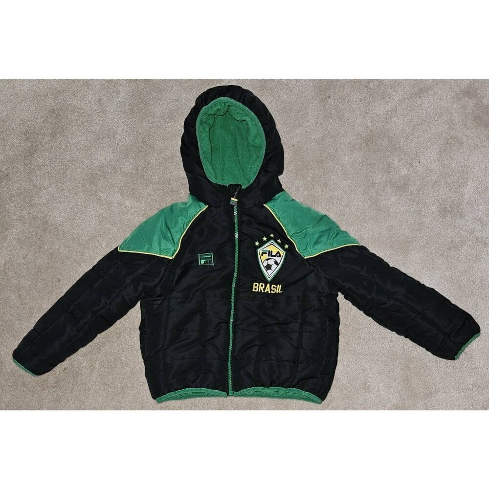 Fila Brasil Soccer Coat Boys 5-6 Black Green Hooded Zip Fleece Lined Brazil